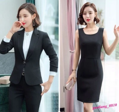 2 PIEZAS Traje Para Mujer Blazer Abrigo Vestido Formal Negocios Oficina Calce Ajustado Manga Larga Foto 1 de 4