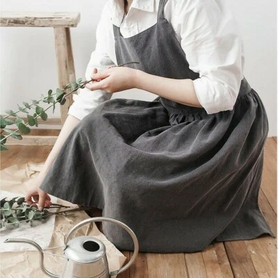 Women Bib Aprons Cotton Linen Pinafore Dress Cafe Kitchen Cooking Florist Grey - Image 1 of 4