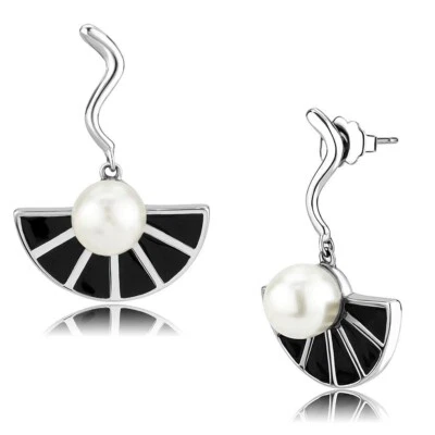 Elegant 8mm Synthetic Peral & Black Epoxy Dangle Stainless steel Fashion Earring - Image 1 of 3