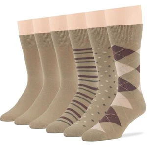 Men's Cotton 6 Pack Dress Solid Argyle Dotted Striped Socks Large 10-13 Khaki - Picture 1 of 9
