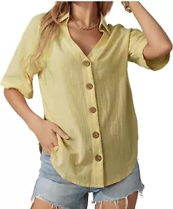 Cotton Button Down Shirts for Women,Drop Shoulder Short Sleeve Blouses For Women - Picture 1 of 7