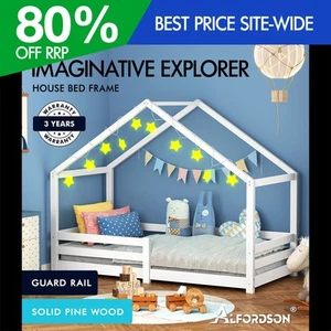 ALFORDSON Kids Bed Frame Wooden Timber Single House Frame Platform Base White - Picture 1 of 11