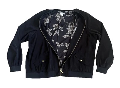 Chaqueta Bomber Susan Graver Negra Sólida Talla XL Forrada Floral Cremallera Completa Foto 1 de 4