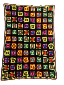 Handmade Crochet Granny Square Afghan Blanket Throw Multicolor Black Border - Picture 1 of 8