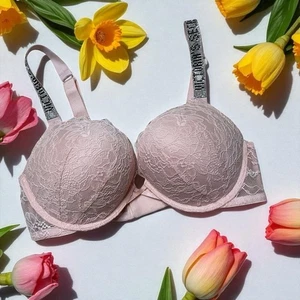 Victoria's Secret Bombshell Add-2-Cups Push-up BH Glanz Träger rosa Spitze NEU - Bild 1 von 10