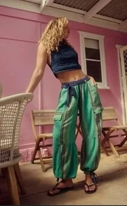 NWT Free People Costa Pants Teal Combo Adjustable Cargo 100% Cotton S SOLD OUT - Picture 1 of 22