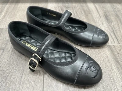 2025 Chanel CC LOGO CUERO NEGRO MARYJANE BALLET ZAPATOS PLANOS HEBILLA DORADA 37,5 Foto 1 de 4