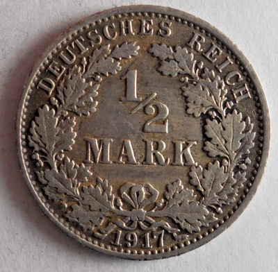1917 GERMAN EMPIRE 1/2 MARK - EARLY DATE Scarce Silver Coin - Lot #N6 - Image 1 of 2