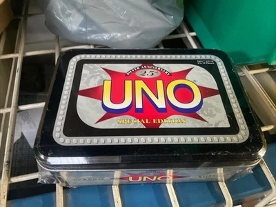 UNO Silver 25th Anniversary Special Edition Card Game Tin 1997 Complete W Instr - Image 1 of 2