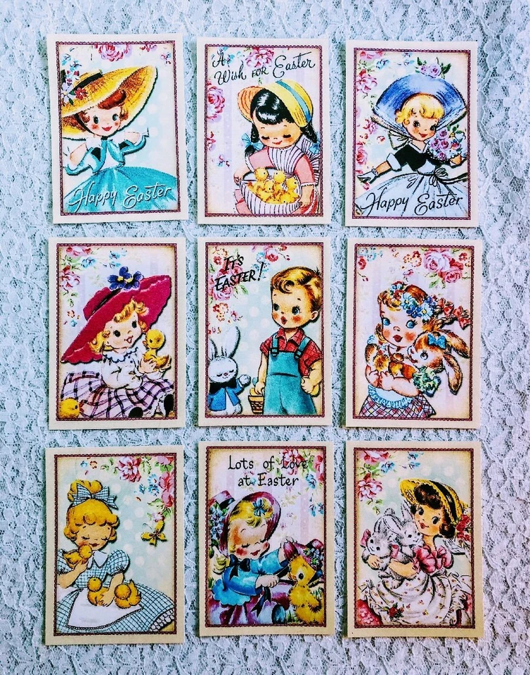 Set of 9 Card Toppers~Vintage Easter Kids~Children~Greeting Card Making~166N - Image 1 of 1