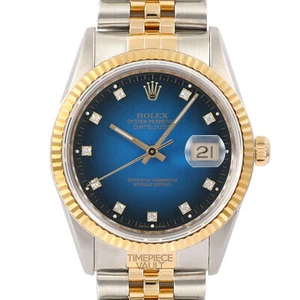 ROLEX DATEJUST 16233 18K GOLD & STEEL 36MM FACTORY BLUE VIGNETTE DIAMOND DIAL - Picture 1 of 10