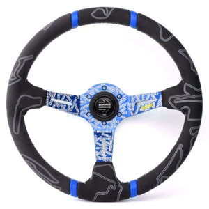 MOMO ULTRA Steering Wheel 350mm Suede Leather Blue Spoke Black Horn Buuton - Picture 1 of 7
