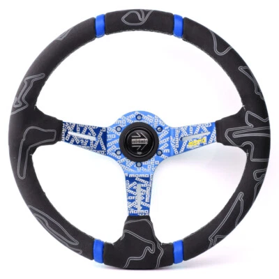 MOMO ULTRA Steering Wheel 350mm Suede Leather Blue Spoke Black Horn Buuton - Image 1 of 4