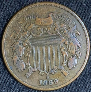 1869 2-Cent Piece Union Shield, obverse F details, but reverse rubbed off! - Picture 1 of 3