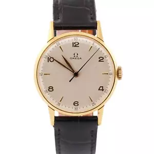 VINTAGE Omega 18K Rose Gold SILVERED IVORY Leather Manual 35mm 2320 Watch - Picture 1 of 8