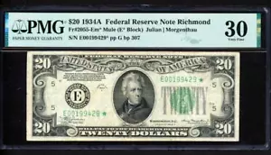 Fr.2055-Em* 1934A $20 RICHMOND MULE ***STAR*** ONLY 4 GRADED PMG 30 SUPER RARE - Picture 1 of 2
