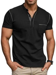Men's Henley Shirt Classic Short Sleeve Lightweight Button T-Shirt Casual Top - Picture 1 of 14