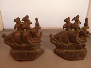 VINTAGE ANTIQUE BOOKENDS - GALLEON SAILING SHIPS - CAST IRON - Picture 1 of 2