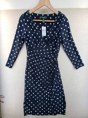 Vestido Vaina Lauren Ralph Lauren Mujer 4 Azul Marino Lunares Jersey Capucha Asimétrico Foto 1 de 4