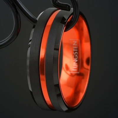 Black Tungsten Carbide Thin Orange Line Band Ring Coast Guard Search & Rescue - Image 1 of 4