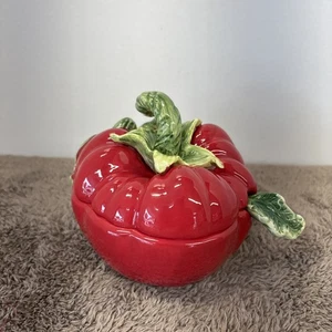 Vintage handbemalt bedeckt Keramik Tomaten Thema Marmelade/Gelee Schale mit Löffel - Bild 1 von 10