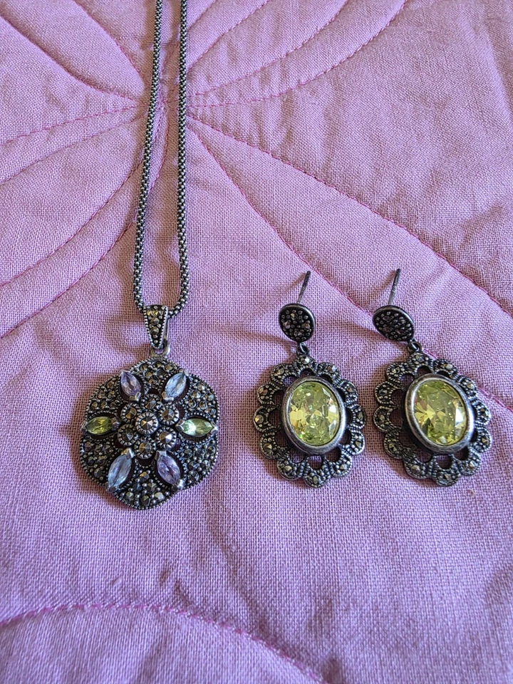 Vintage Sterling Silver Peridot Marcasite Dangle Earrings And Pendant Set - Image 1 of 4
