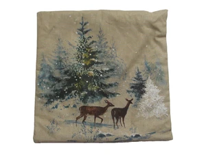 Pottery Barn Hirsch im Schnee Kiefernwald Kissenbezug Leinenmischung 20 Zoll Winter - Bild 1 von 9