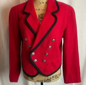 Vintage Lizwear Red Boiled Wool Military Inspired Crop Blazer Sz 10 Black Trim - Picture 1 of 7