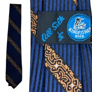 VINTAGE 50s Silk Skinny Tie Men 1950s Mod Preppy Narrow Thin Necktie Men Blue - Picture 1 of 4