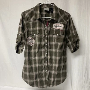 Camisa Harley Davidson L para mujer verde a cuadros de algodón a presión logotipo bordado - Imagen 1 de 10
