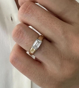 1 Carat East West Emerald Cut Moissanite Ring Classic Solitaire Engagement Ring - Picture 1 of 6