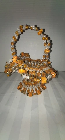 Vintage 8" Orange & Clear Beaded Safety Pin Art Basket Cover