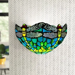 Antigua lámpara de pared verde estilo Tiffany libélula pantalla de vitral 12 pulgadas Reino Unido - Imagen 1 de 7