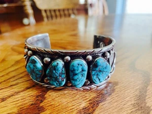 Estate Collection Old Pawn Navajo Sterling Silver Natural Kingman Turquoise Cuff - Picture 1 of 8