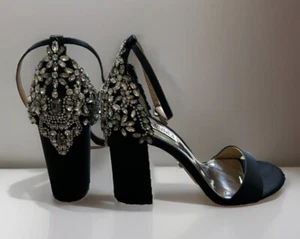 Badgley Mischka Ainsley Crystal Embellished Black Satin Heels Sandals 8.5 EUC - Picture 1 of 12