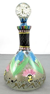 Decantador de vino de vaso pintado a mano azul rosa verde amarillo patrón de flor - Imagen 1 de 2