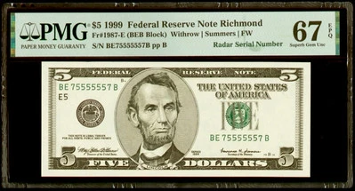 Super Radar Note Fancy Serial BE75555557B 1999 $5 Dollar PMG 67 EPQ Superb Gem - Image 1 of 2