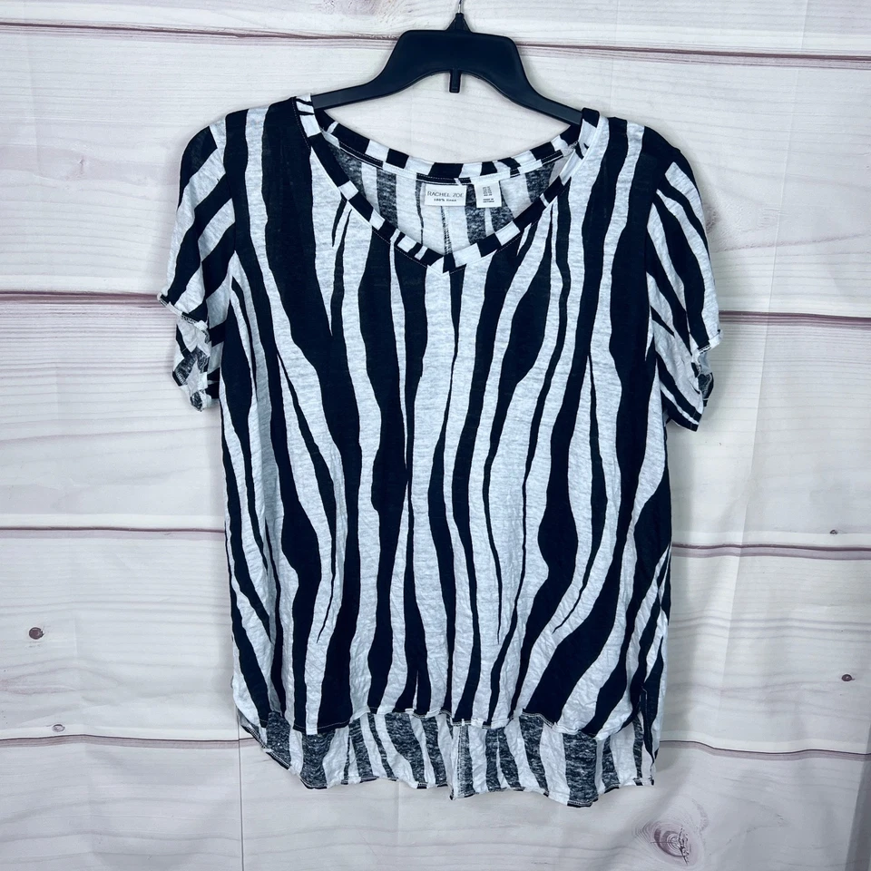 Camiseta Rachel Zoe Top Mujer 1X Negra Blanca Estampado Cebra Lino Tejido Manga Corta Foto 1 de 4