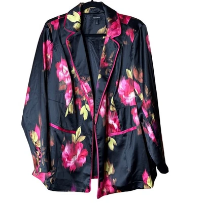 Torrid Women Blazer Sz 2/2X Satin Relaxed Floral Print  Jacket Pink Black Plus - Image 1 of 4