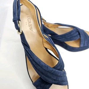 J CREW MARCIE Blue Suede Wedges Gold Buckle SIZE 8 Platform - Picture 1 of 15