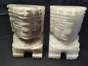 Vtg Pair Aztec Mayan Bookends Hand Carved Two Toned Marble Onyx ~ 5.5”x3.5"x2" - Picture 1 of 24