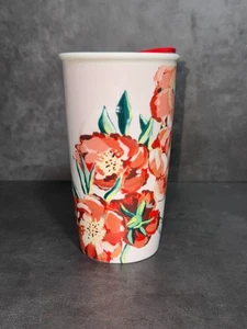 Starbucks Keramik Travel Tumbler Floral Blumen roter Deckel 10 oz Tasse 2015 - Bild 1 von 8