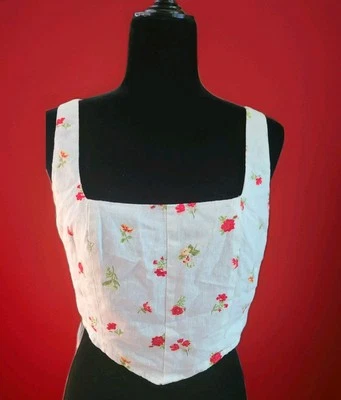 Top corto Cottagecore mezcla de lino rosas rojas estampado floral espalda ajustada talla L boho Foto 1 de 4