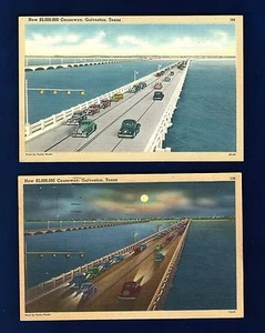 TX17 Galveston, 2 Pcs. Auto's on New $2,000.000 Causeway "Day and Night, Linen, - Picture 1 of 2