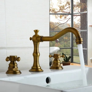 Antique Brass Bathroom Sink Mixer Faucet 2 Handles Basin Tap Set Deck Mounted - Imagen 1 de 9