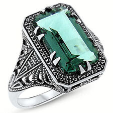 ART DECO STYLE 925 STERLING SILVER SIMULATED 5 CARAT EMERALD FILIGREE RING  393X