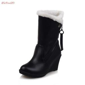 Womens Winter Warm Fur Lined Wedge Heels Mid Calf Boots Leisure Round Toe Shoes