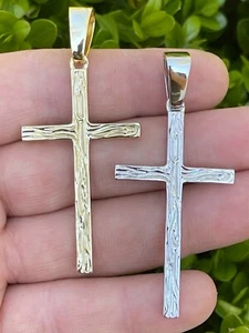 Large 2" Men's Plain Cross Pendant Solid 925 Sterling Silver / 14k Gold Plated - Picture 1 of 12