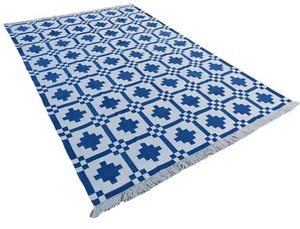 Handmade Cotton Area Flat Weave Rug, Blue & White Indian Geometric Kilim Dhurrie - Picture 1 of 10