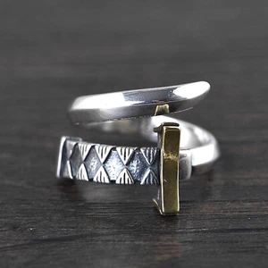 Solid 925 Sterling Silver Stamped Mens Unique Sword Ring Size Open Adjustable - Picture 1 of 10